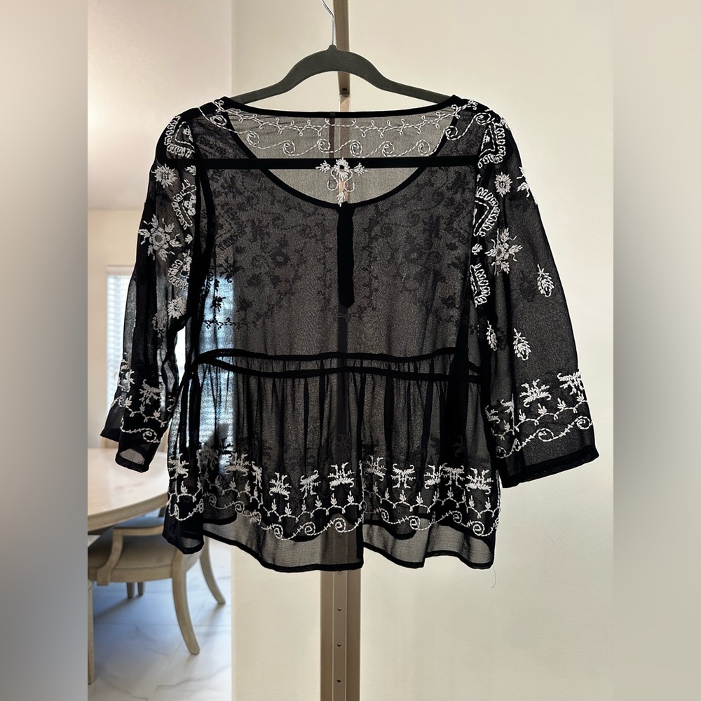 Free People Black Sheer Chiffon Blouse with White Embroidery - Picture 9 of 12